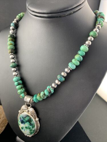 Men's Navajo Turquoise Necklace with Moss Agate Pendant | Sterling Silver | Authentic Native American Handmade | 1626