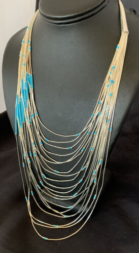 Turquoise Liquid Silver Heishi Necklace | 20 Strand Sterling Tube Pendant | Native American Handmade | 12296