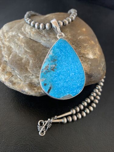 Navajo Pearls Blue Kingman Turquoise Necklace Pendant | Sterling Silver | Authentic Native American Handmade | 11809