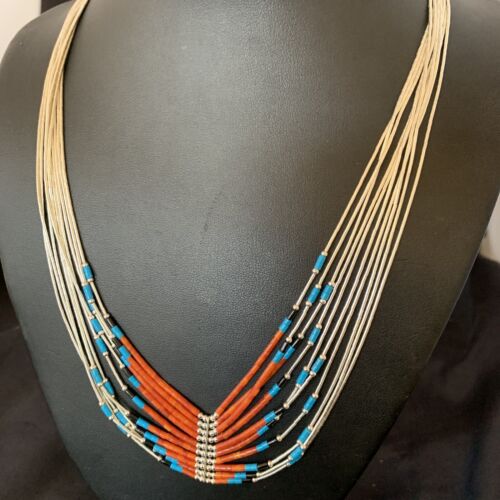 Multi-Color Liquid Silver Heishi Necklace | 10 Strand Sterling Tubes | Native American Handmade | 12300