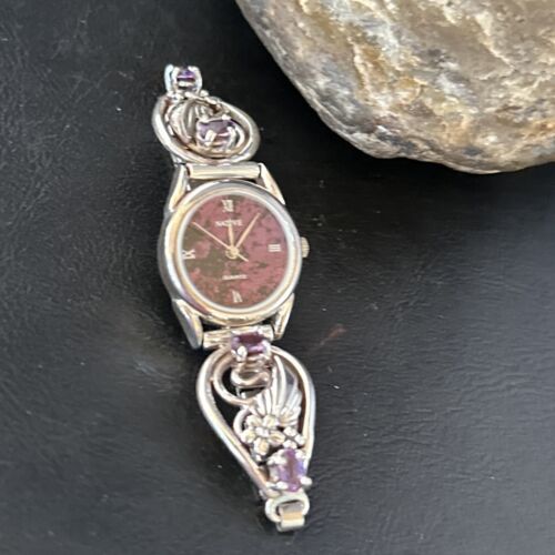 Authentic Navajo Sterling Silver Wrist Watch Tips | Purple Amethyst Feather Design | Women's Jewelry | 14315