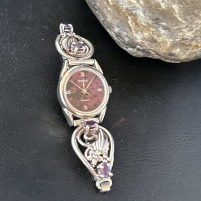 Authentic Navajo Sterling Silver Wrist Watch Tips | Purple Amethyst Feather Design | Women's Jewelry | 14315