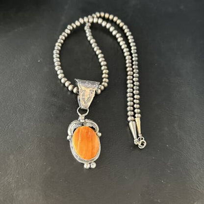 Navajo Orange Spiny Oyster Pendant Necklace | Sterling Silver | Authentic Native American Handmade | 14685