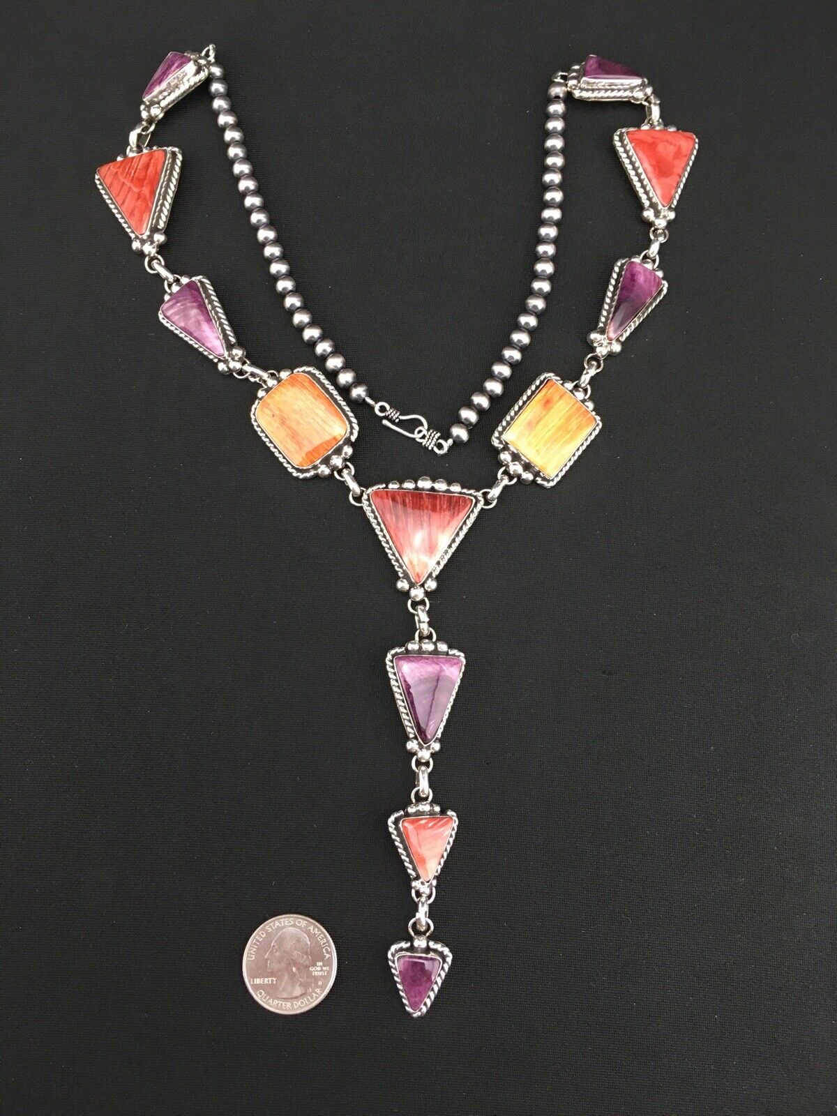 Navajo Spiny Oyster Pendant Necklace | Sterling Silver Lariat | Authentic Native American Handmade | 4904