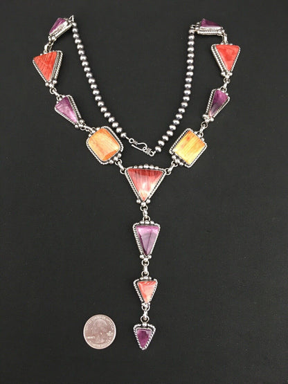 Navajo Spiny Oyster Pendant Necklace | Sterling Silver Lariat | Authentic Native American Handmade | 4904