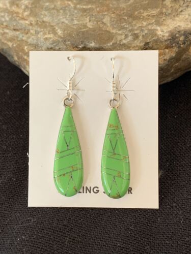 Southwestern Navajo Green Gaspeite Inlay Earrings | Sterling Silver | 1.5" | 977