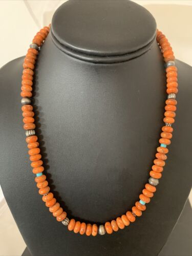 Southwestern Navajo Apple Coral Bead Necklace | Sponge Sterling Silver | Authentic Native American Handmade | 20" | 02043