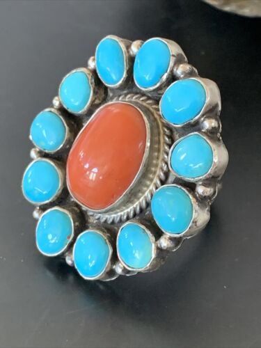 Navajo Blue Turquoise Coral Cluster Ring | Authentic Native American Sterling Silver | Multi-Stone | Sz 9.5 | 11507