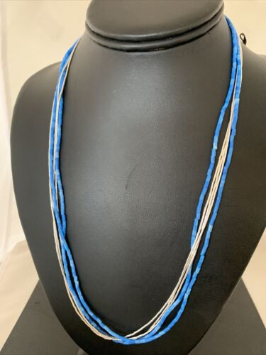 Navajo Denim Lapis Tube Beads Necklace | 5-Strand Liquid Silver Heishi | Sterling Silver | 02179 - Masha USA