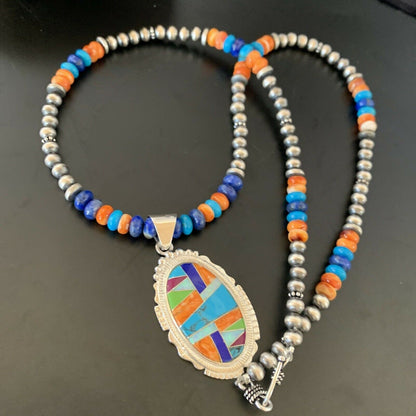 Navajo Spiny Oyster Turquoise Pendant Necklace | Sterling Silver | 21" | Authentic Native American Handmade | 11363 - Masha USA
