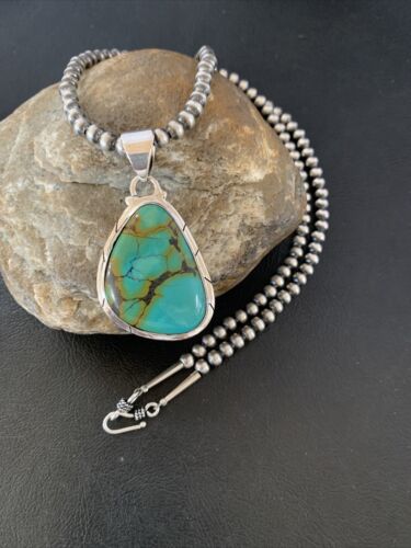 Men's Navajo Blue Spiderweb Turquoise Pendant Necklace | Sterling Silver | Authentic Native American Handmade | 10674