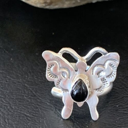 Southwestern Navajo Black Onyx Butterfly Ring | Sterling Silver | Adj Sz 8 | 10385