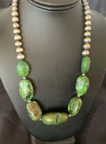 Navajo Chunky Graduated Natural Green Turquoise Necklace | Sterling Silver | Authentic Native American | 18" | 11770