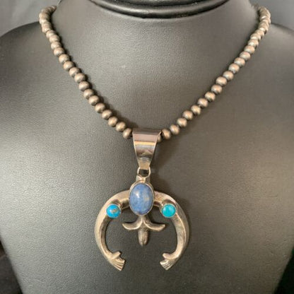 Navajo Sterling Silver Pendant Necklace | Denim Lapis & Turquoise | Authentic Native American Handmade | 13632