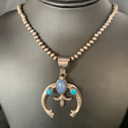 Navajo Sterling Silver Pendant Necklace | Denim Lapis & Turquoise | Authentic Native American Handmade | 13632