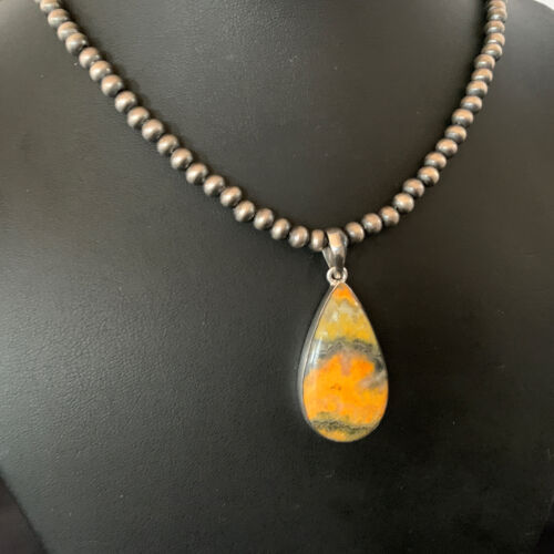 Navajo Yellow Bumblebee Jasper Pendant Necklace | Sterling Silver | Authentic Native American Handmade | 12807