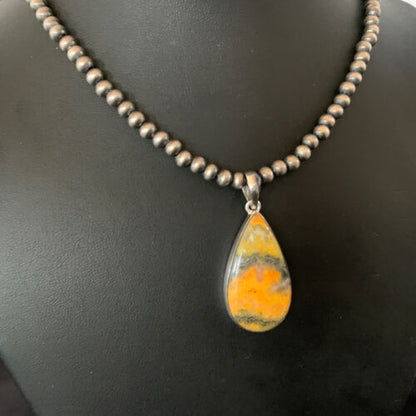Navajo Yellow Bumblebee Jasper Pendant Necklace | Sterling Silver | Authentic Native American Handmade | 12807