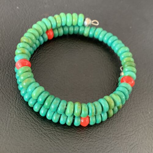 Navajo Coral Green Turquoise Bracelet | Stainless Steel Memory Wire | Authentic Native American Handmade | 13313