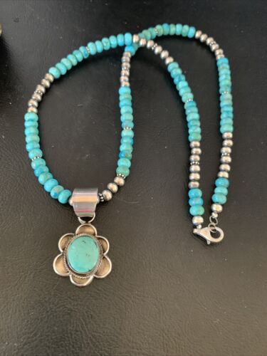 Navajo Blue Turquoise Pendant Necklace | Sterling Silver Pearls | Authentic Native American Handmade | 13220