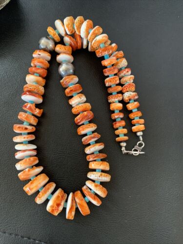 Navajo Orange Spiny Oyster & Turquoise Necklace | Sterling Silver | Authentic Native American | Graduated | 20" | 1504