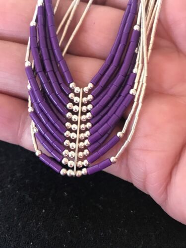 Native American Sugilite Heishi Tubes Necklace | 10 Strand Liquid Sterling Silver | 8558