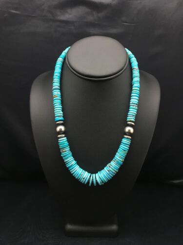 Authentic Navajo Sterling Silver & Turquoise Graduated Necklace | Native American Jewelry | 18" | 4046 - Masha USA