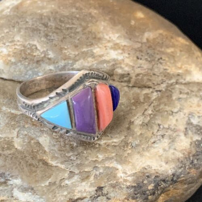 Navajo Multi-Color Turquoise Sugilite Coral Lapis Inlay Ring | Sterling Silver | Sz 9 | 12396
