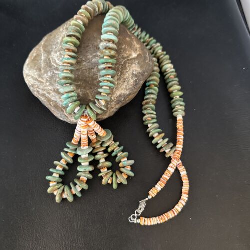 Santo Domingo Green Turquoise & Spiny Oyster Jacla Necklace | Sterling Silver | 26" | 14731