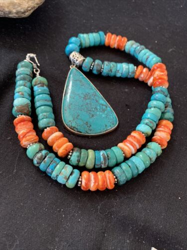 Spiny Oyster Turquoise Navajo Pearls | Spiderweb Pendant | Sterling Necklace | Southwestern | 00835