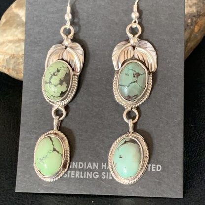 Navajo Green Spiderweb Turquoise Dangle Earrings | Sterling Silver | Authentic Native American Handmade | 13554