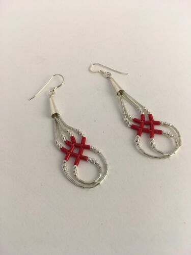 Native American Red Coral Heishi Tube Dangle Earrings | Sterling Silver | 2" | 8877