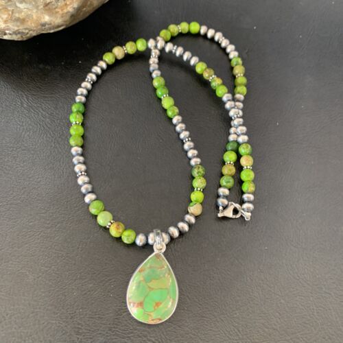 Navajo Pearl Necklace with Green Mojave Turquoise Pendant | Sterling Silver | Authentic Native American Handmade | 11759