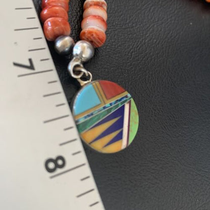 Multi-Color Turquoise & Spiny Oyster Inlay Necklace Pendant | Navajo Sterling Silver | Authentic Native American Handmade | 12721