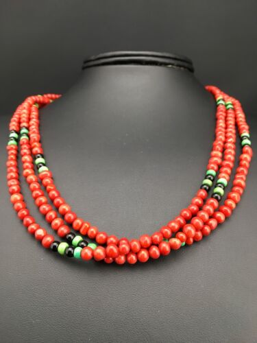 Native American Coral & Turquoise 3 Strand Necklace | Navajo Sterling Silver | 19" | 4856