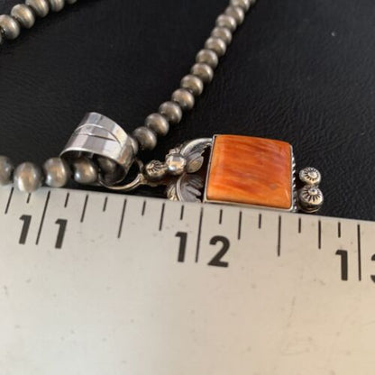 Navajo Orange Spiny Oyster Square Pendant Necklace | Sterling Silver | Authentic Native American Handmade | 13642