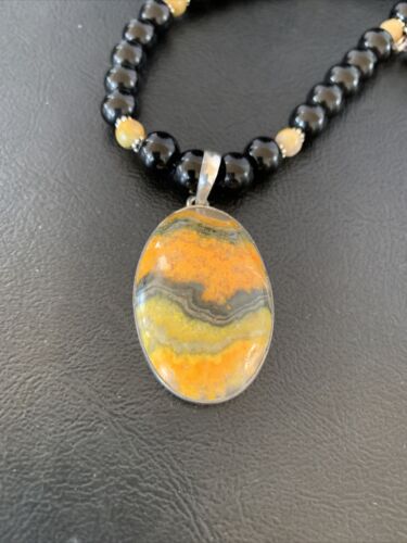 Men's Navajo Pearls Onyx Bumblebee Jasper Pendant Necklace | Sterling Silver | Native American Handmade | 10324