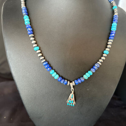 Zuni Blue Turquoise Lapis Multi-Stone Necklace Pendant | Authentic Native American Sterling Silver | 14639
