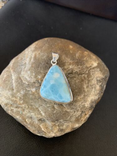 Navajo Sterling Silver Beads Necklace | Blue Larimar Pendant | Authentic Native American Handmade | 10830