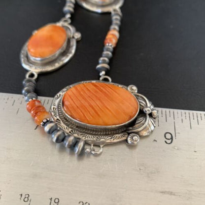Navajo Pearls Orange Spiny Oyster Necklace Pendant | Sterling Silver | Authentic Native American Handmade | 10818