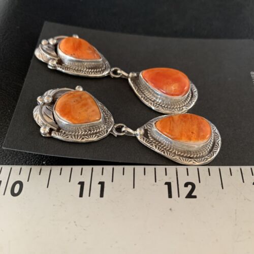 Navajo Orange Spiny Oyster Dangle Earrings | Sterling Silver | Authentic Native American Handmade | 13818