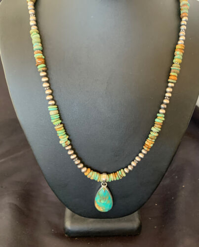 Navajo Green Turquoise Pendant Necklace | Sterling Silver | Authentic Native American Handmade | 11779