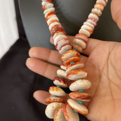 Navajo Turquoise & Red Spiny Oyster Necklace | Sterling Silver | Authentic Native American | Graduated | 20" | 10590