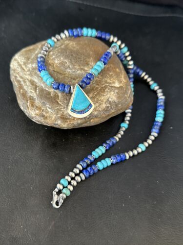 Navajo Blue Turquoise Lapis Inlay Pendant Necklace | Sterling Silver | Authentic Native American Handmade | 14636