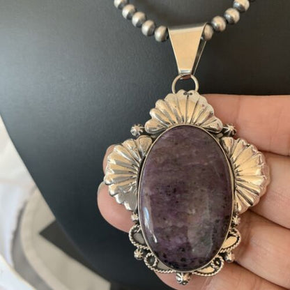 Men's Navajo Pearls Necklace | Sterling Silver Purple Sugilite Pendant | Authentic Native American Handmade | 1537