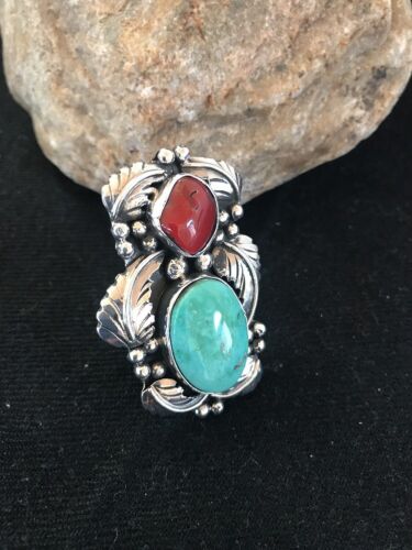 Navajo Royston Turquoise Coral Multi-Stone Men's Ring | Authentic Native American Sterling Silver | Sz 8 | 02218