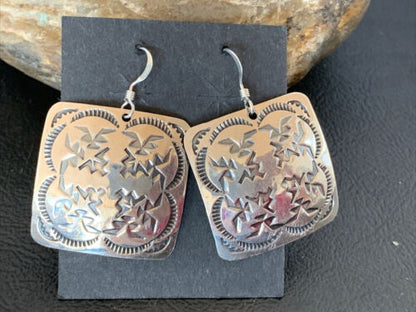 Native American Women's Dangle Earrings | Navajo Sterling Silver Stamped Handmade | 1658