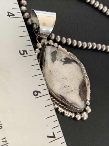 Navajo White Buffalo Turquoise Necklace Pendant | Sterling Silver | XL Men's | Authentic Native American Handmade | 11685