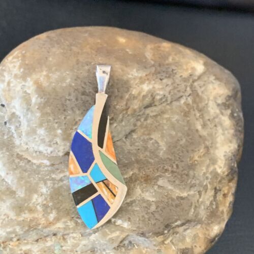 Navajo Spiny Blue Opal Lapis Pendant | Sterling Silver Inlay | Authentic Native American Handmade | 12276