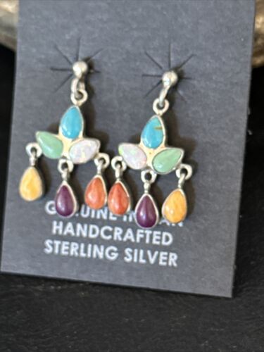 Navajo Multi-Color Turquoise Spiny Opal Inlay Sterling Earrings 1" | Handmade | 14410