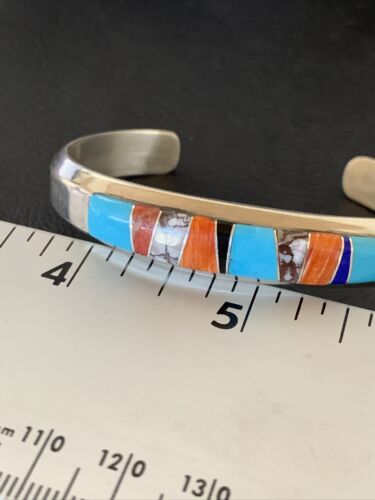 Navajo White Buffalo Turquoise Spiny Opal Inlay Bracelet | Sterling Silver | Authentic Native American Handmade | 12239 - Masha USA